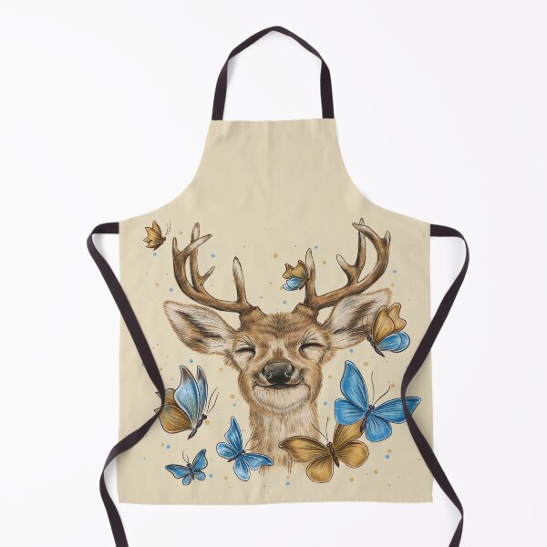 Item preview, A happy, smiling deer surrounded by butterflies; an image of a deer's head and blue butterflies; a forest animal theme featuring a golden deer and golden butterflies. designed and sold by ArtbySvetik.