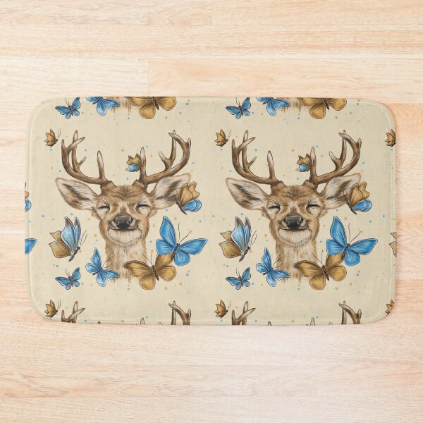 Item preview, A happy, smiling deer surrounded by butterflies; an image of a deer's head and blue butterflies; a forest animal theme featuring a golden deer and golden butterflies. designed and sold by ArtbySvetik.