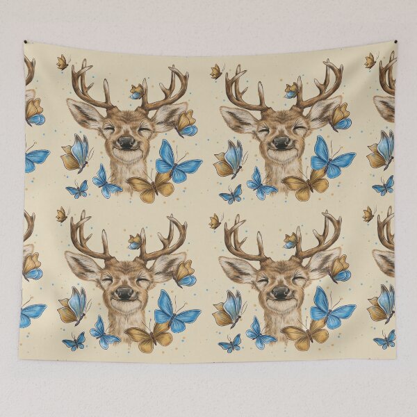 Item preview, A happy, smiling deer surrounded by butterflies; an image of a deer's head and blue butterflies; a forest animal theme featuring a golden deer and golden butterflies. designed and sold by ArtbySvetik.