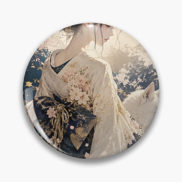 Item preview, Japanese Kimono Wall Art – Ivory Blossom Grace | Ethereal Sakura Woman & White Fox Fantasy Illustration designed and sold by UkiyoeFusion.