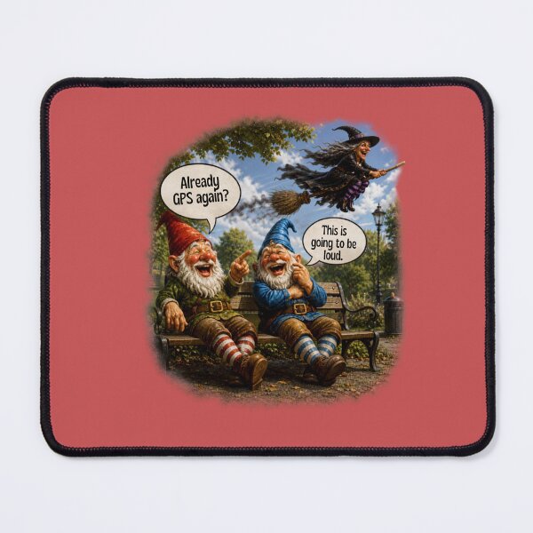 Item preview, GPS Again? Two Laughing Garden Gnomes Watching a Flying Witch – Funny Halloween Design   designed and sold by Alpine-Ink.