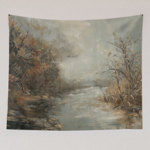 Item preview, Vintage Autumn River Landscape - Moody Late Fall Oil Painting designed and sold by Sergey Sedunov.
