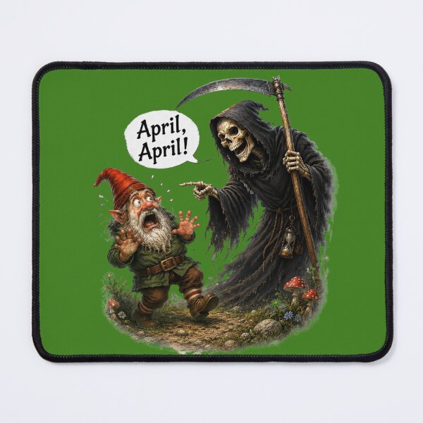 Item preview, April, April! Terrified Gnome Meets Grim Reaper – Funny German April Fool Joke designed and sold by Alpine-Ink.