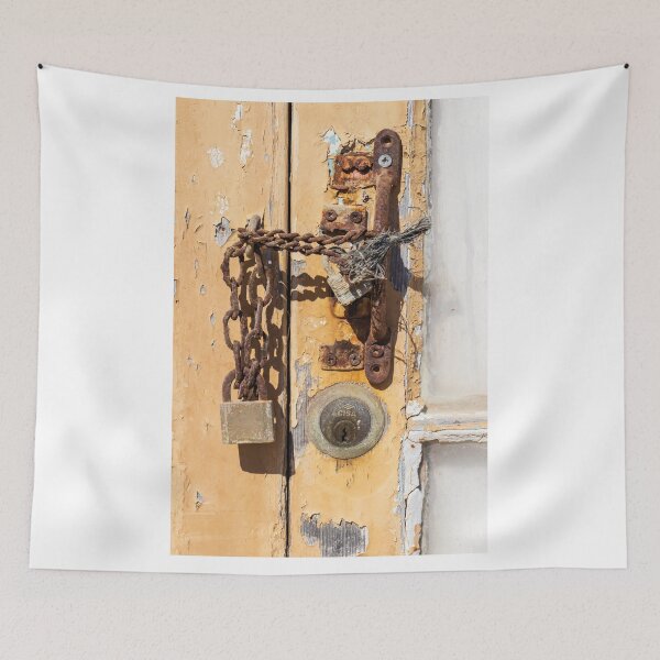 Item preview, Rusty Padlock On Weathered Wooden Door With Peeling Paint, Vintage Keyhole And Texture designed and sold by Nmallia.