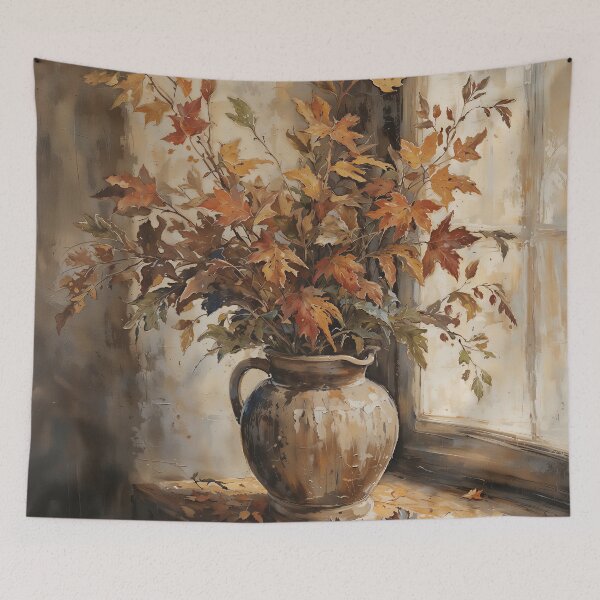 Item preview, Vintage Autumn Maple Leaves in Clay Pitcher - Cozy Window Still Life Painting designed and sold by Sergey Sedunov.