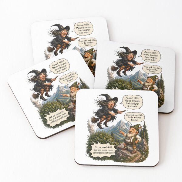Item preview, Funny Bavarian Gnome & Panicked Witch – Brake Failure! | German Fantasy Humor designed and sold by Alpine-Ink.