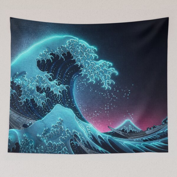 Item preview, Moonlight Glow Great Wave | Neon Ukiyo-e Re:Mix | Japanese Art | Hokusai Metal designed and sold by vekotpu.