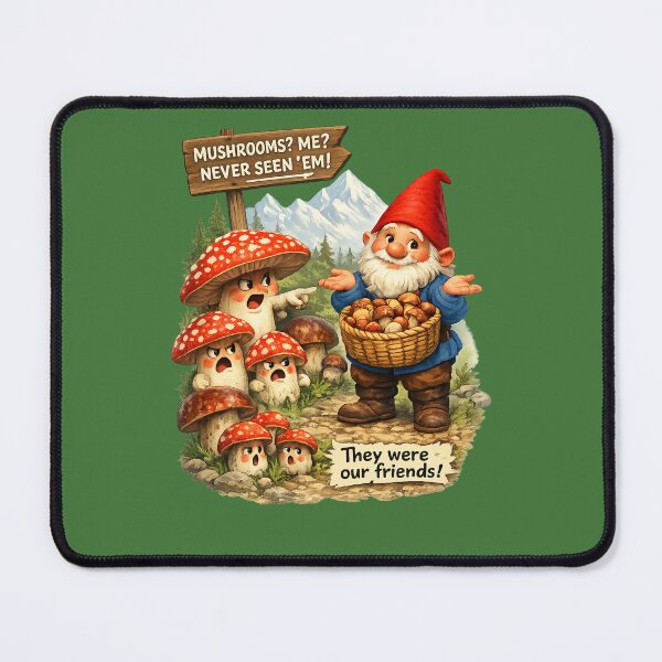 Item preview, Funny Mushroom Gnome – "Mushrooms? Me? Never Seen 'Em!" | Woodland Fantasy Humor designed and sold by Alpine-Ink.