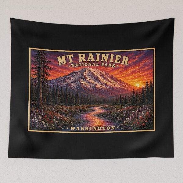 Aperçu de l'œuvre Coucher de soleil au parc national du Mont Rainier | Bigfoot caché | Washington créée et vendue par Swanny's Custom T-shirt and Gift Designs.
