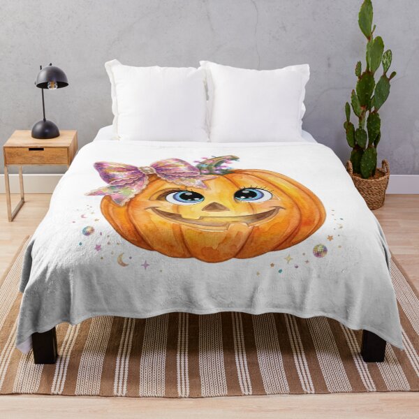 Item preview, Kawaii Halloween Pumpkin: Watercolor Jack-o'-Lantern with Fairy Lights and Glitter Bow designed and sold by VibranPalette.