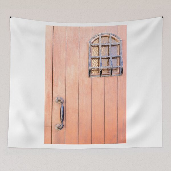 Item preview, Rustic Wooden Door With Iron Handle And Small Grilled Arched Window, Close-Up Texture designed and sold by Nmallia.