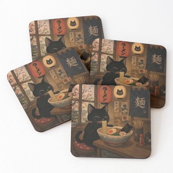 Item preview, Black Cat Eating Japanese Ramen in Cozy Izakaya Restaurant designed and sold by UtArt.
