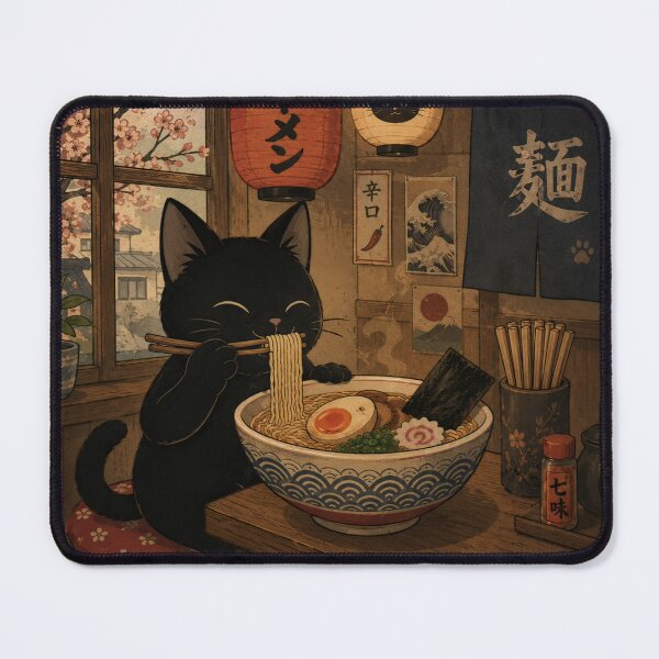 Item preview, Black Cat Eating Japanese Ramen in Cozy Izakaya Restaurant designed and sold by UtArt.