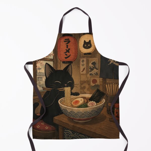 Item preview, Black Cat Eating Japanese Ramen in Cozy Izakaya Restaurant designed and sold by UtArt.