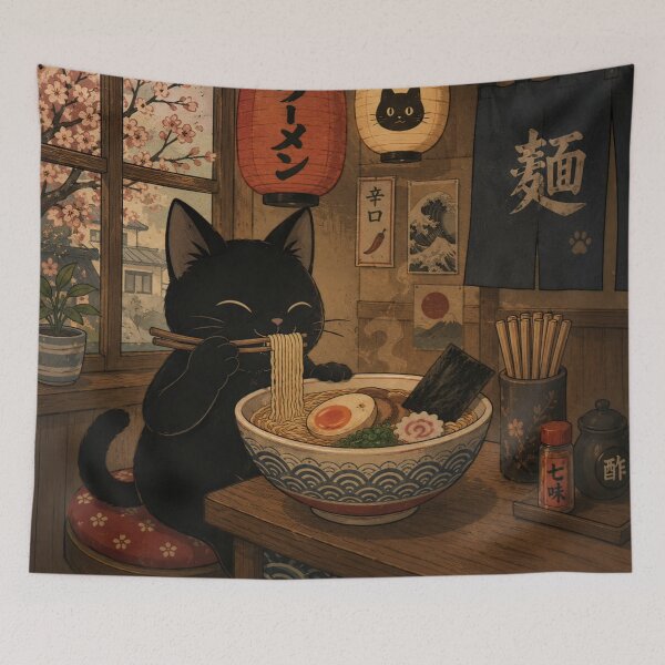 Item preview, Black Cat Eating Japanese Ramen in Cozy Izakaya Restaurant designed and sold by UtArt.