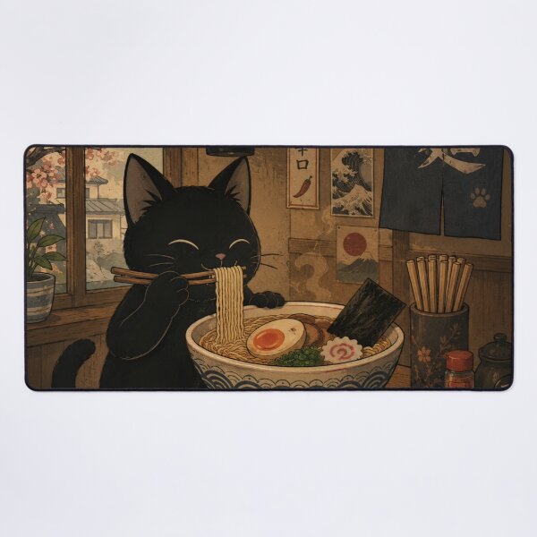 Item preview, Black Cat Eating Japanese Ramen in Cozy Izakaya Restaurant designed and sold by UtArt.