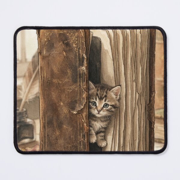 Item preview, Tiny Kitten Peeking from a Giant Vintage Leather Journal Miniature Illustration designed and sold by DuckOddity.