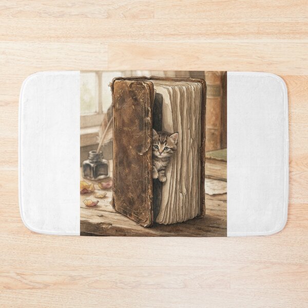 Item preview, Tiny Kitten Peeking from a Giant Vintage Leather Journal Miniature Illustration designed and sold by DuckOddity.