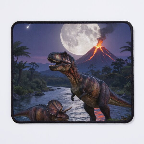 Item preview, T-Rex & Triceratops by the Volcano – Moonlit Prehistoric Meteor Scene designed and sold by Meteor Mercher Shop.