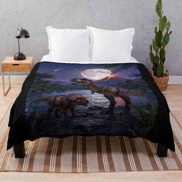 Item preview, T-Rex & Triceratops by the Volcano – Moonlit Prehistoric Meteor Scene designed and sold by Meteor Mercher Shop.