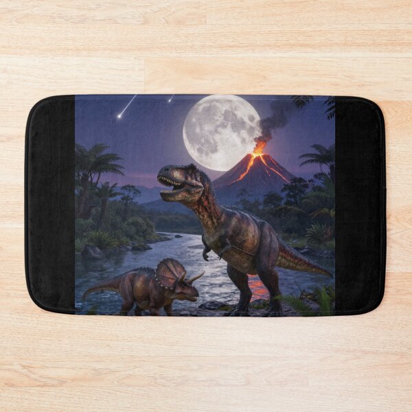 Item preview, T-Rex & Triceratops by the Volcano – Moonlit Prehistoric Meteor Scene designed and sold by Meteor Mercher Shop.
