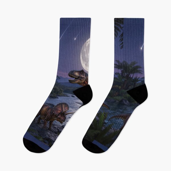 Item preview, T-Rex & Triceratops by the Volcano – Moonlit Prehistoric Meteor Scene designed and sold by Meteor Mercher Shop.