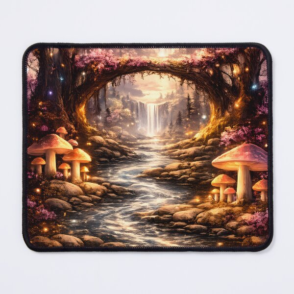 Item preview, Pink Enchanted Forest Waterfall | Magical Sakura Fantasy Landscape with Glowing Mushrooms designed and sold by Masora.studio.