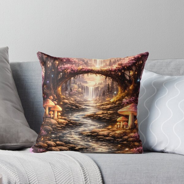 Item preview, Pink Enchanted Forest Waterfall | Magical Sakura Fantasy Landscape with Glowing Mushrooms designed and sold by Masora.studio.