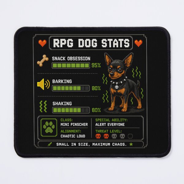 Item preview, Funny Miniature Pinscher RPG Stats Retro Gamer Dog designed and sold by PixelBlob.