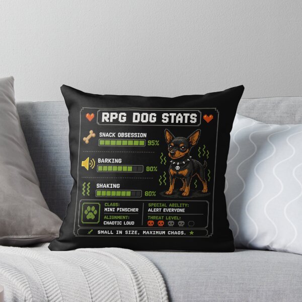 Item preview, Funny Miniature Pinscher RPG Stats Retro Gamer Dog designed and sold by PixelBlob.