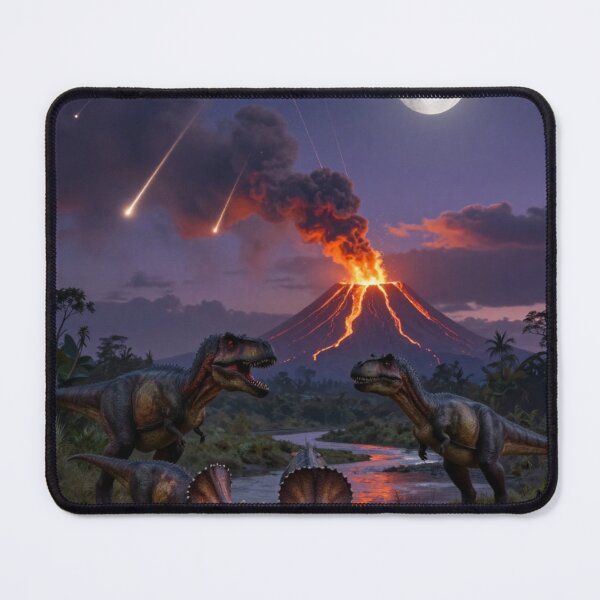 Item preview, Prehistoric Apocalypse – T-Rex, Triceratops & Erupting Volcano Under a Meteor Shower designed and sold by Meteor Mercher Shop.