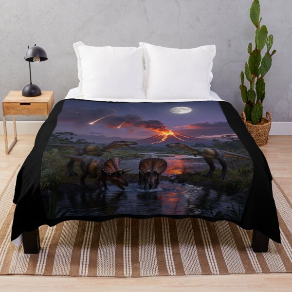 Item preview, Prehistoric Apocalypse – T-Rex, Triceratops & Erupting Volcano Under a Meteor Shower designed and sold by Meteor Mercher Shop.