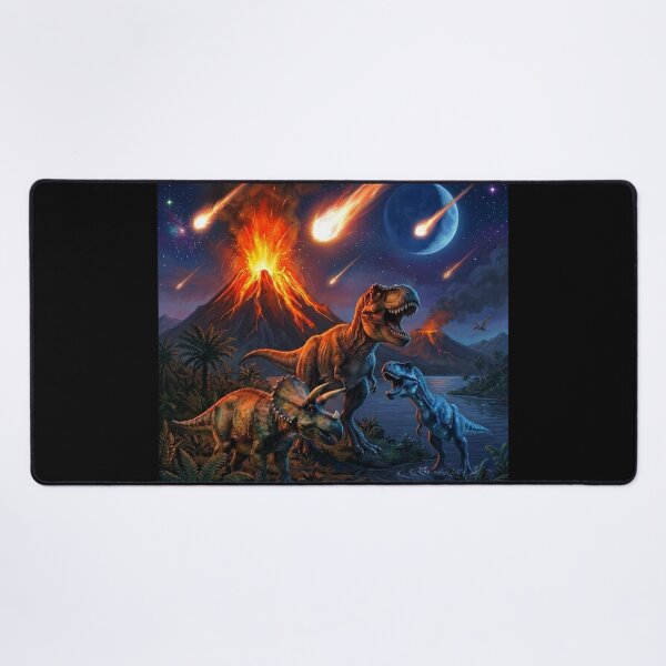 Item preview, Dinosaur Cataclysm – T-Rex, Triceratops & Meteor Storm with Erupting Volcano designed and sold by Meteor Mercher Shop.