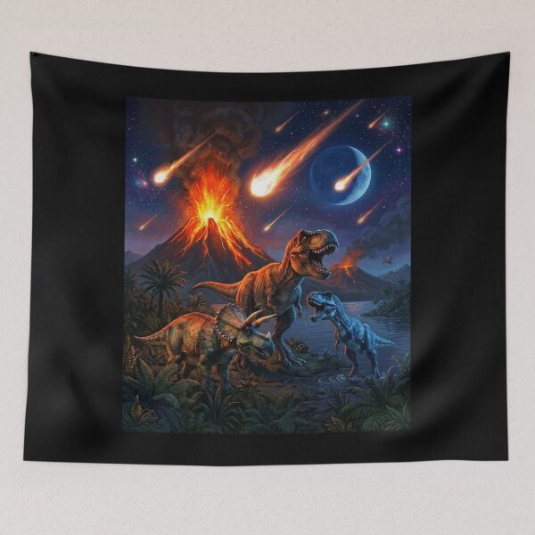 Item preview, Dinosaur Cataclysm – T-Rex, Triceratops & Meteor Storm with Erupting Volcano designed and sold by Meteor Mercher Shop.