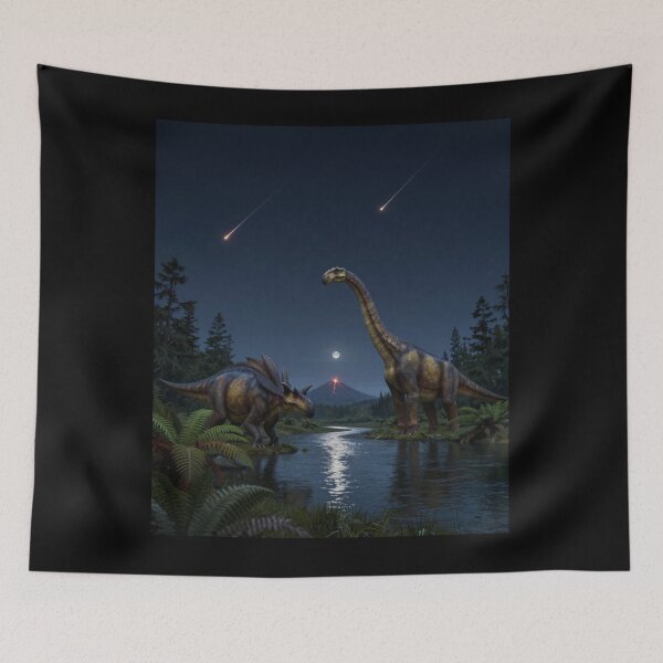 Item preview, Moonlit Dinosaurs – Triceratops & Brachiosaurus Beneath a Meteor Shower designed and sold by Meteor Mercher Shop.