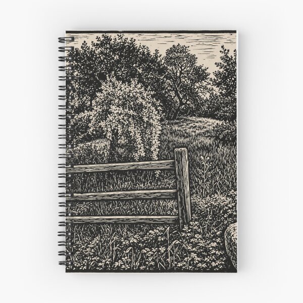 Item preview, Wooden Fence on Grassy Hill | Rural Linocut designed and sold by Linoluca.