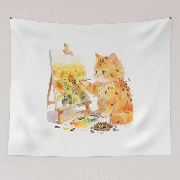 Item preview, Cute Ginger Cat Painting a Sunflower Masterpiece Cartoon Artist Sticker designed and sold by OksArtStudio.