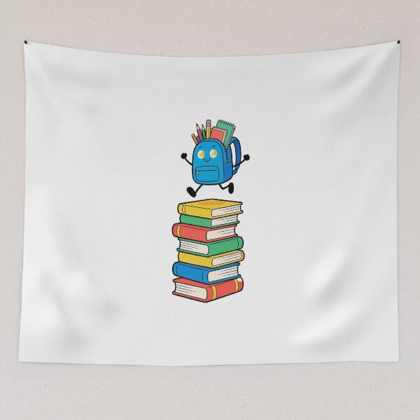 Item preview, Cute Blue Backpack Jumping Over a Stack of Books Cartoon Back to School Sticker designed and sold by OksArtStudio.