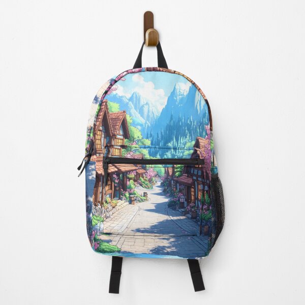 Item preview, Japanese Landscape Quiet Village Street Sakura Mountain Morning designed and sold by earlobejerk.