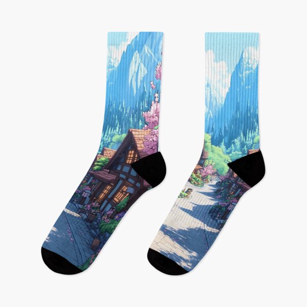 Item preview, Japanese Landscape Quiet Village Street Sakura Mountain Morning designed and sold by earlobejerk.