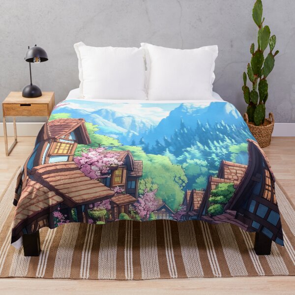 Item preview, Japanese Landscape Quiet Village Street Sakura Mountain Morning designed and sold by earlobejerk.