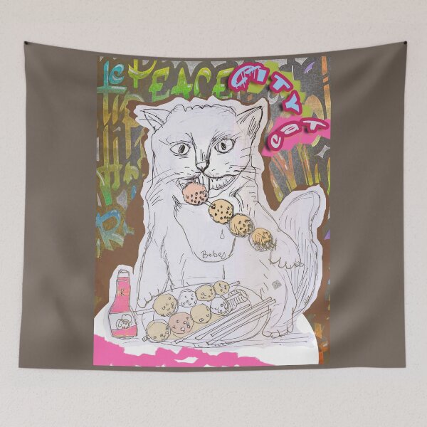 Item preview, City Cat - Cat Eating Meatballs (Original Drawing by ACCI) designed and sold by VanyssaGraphics.