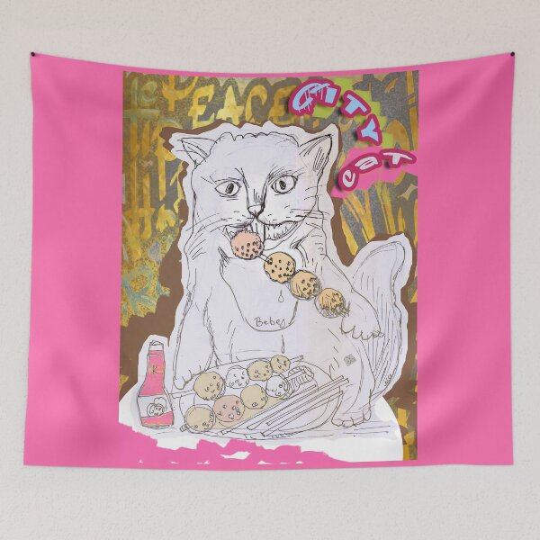 Item preview, City Cat - Cat Eating Meatballs (Original Drawing by ACCI) designed and sold by VanyssaGraphics.