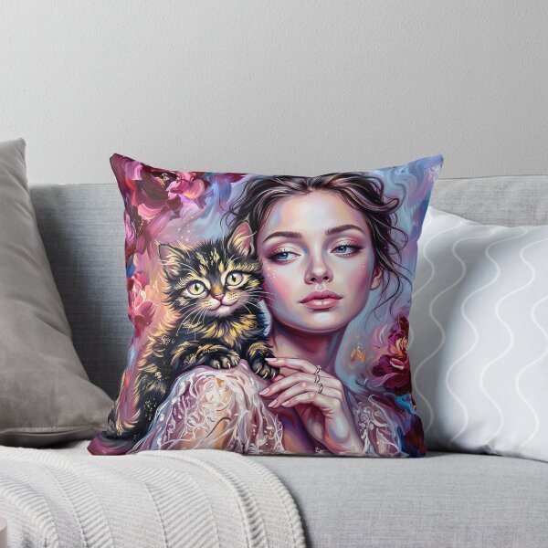 Item preview, Magical Impasto Woman and Cat Portrait Among Blooming Flowers | Colorful Textured Wall Art designed and sold by QQQueen.