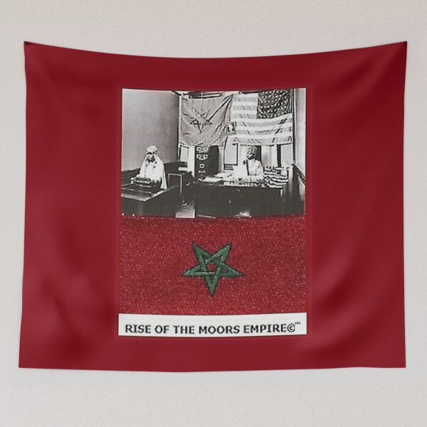 Aperçu de l'œuvre Design Mu’ur (UM) Empire™ al-Benhadiel©™, Noble Drew Ali avec drapeau, fond rouge créée et vendue par HardyKnitDesign.
