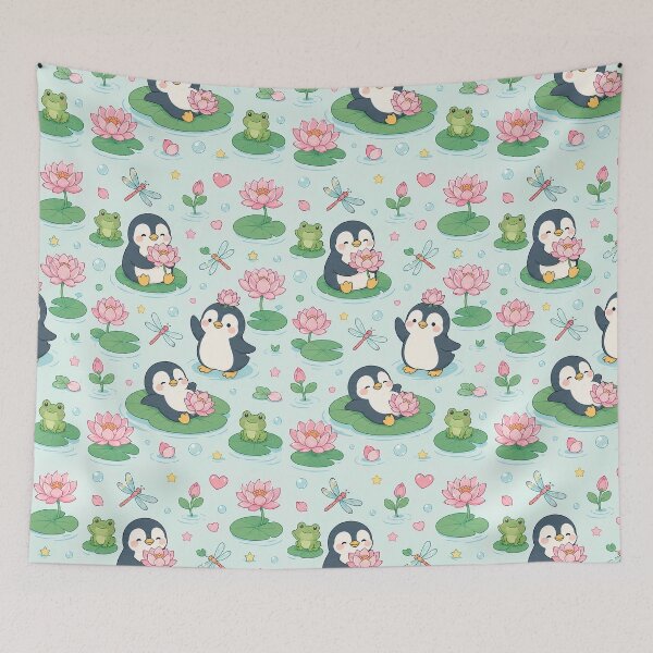 Item preview, Penguin Lotus Pond Pattern designed and sold by Soft Berry Studio.