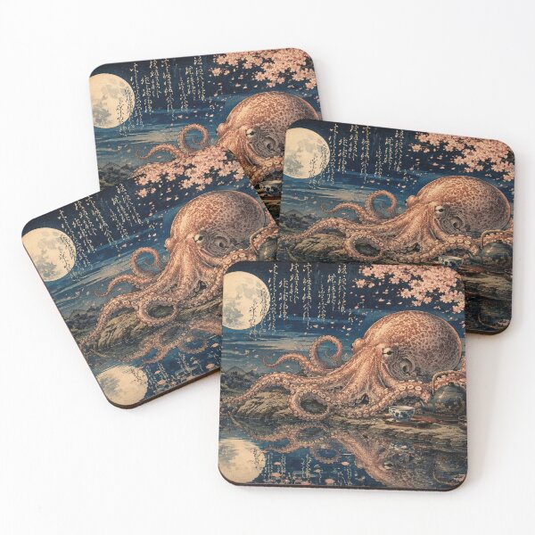 Item preview, Octopus Tea Ceremony under the Full Moon, Japanese Ukiyo-e Style designed and sold by Natalia-Vlad.