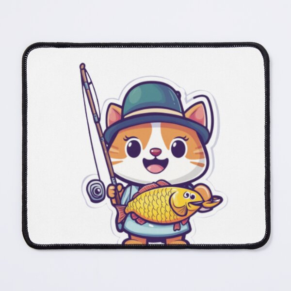 Item preview, "Cute Fishing Cat - Kawaii Angler Mascot" or "Happy Fisher Cat with Catch" Tags: designed and sold by NoFishToday.