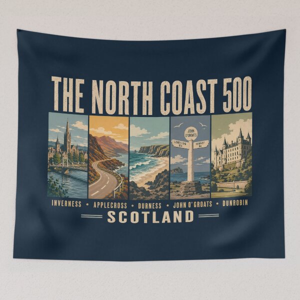 Item preview, North Coast 500 Scotland Landmarks Illustration Vintage designed and sold by KrisSidDesigns.