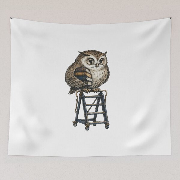 Item preview,  Round Owl Librarian on Rolling Ladder with Books and Reading Glasses Cozy Ink Illustration designed and sold by OnPointOutfits.
